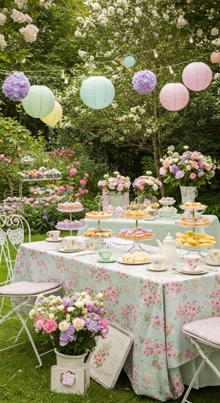 Babyshower tuinfeest met bloemen tafelkleed, pastel lampionnen en etagères.
