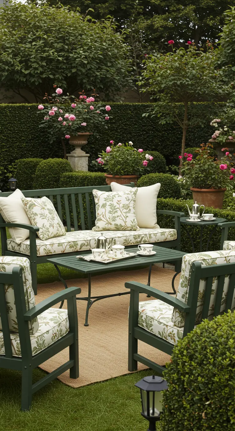 Donkergroene houten loungeset met botanische kussens in een klassieke tuin.