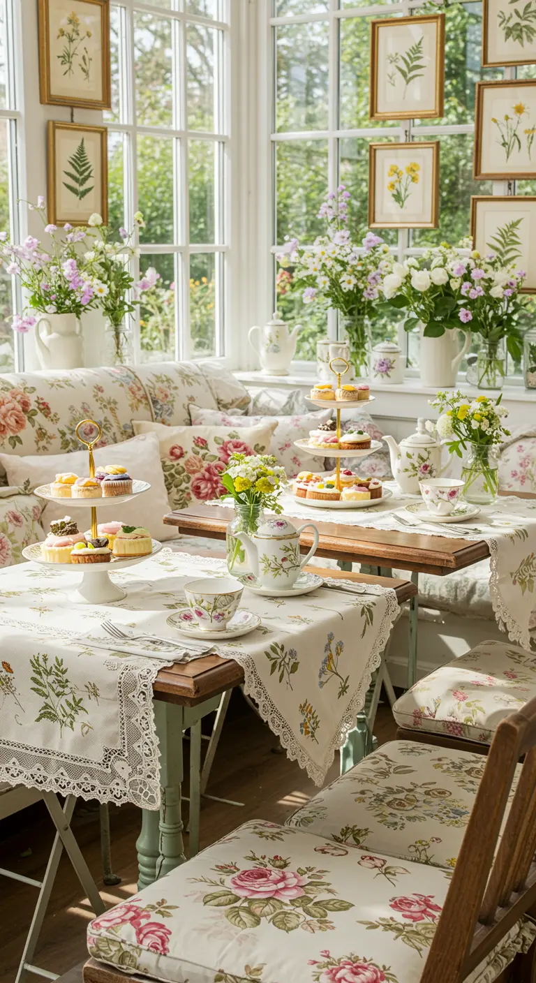 High tea setting in lichte serre met overal bloemenprints en verse bloemen.