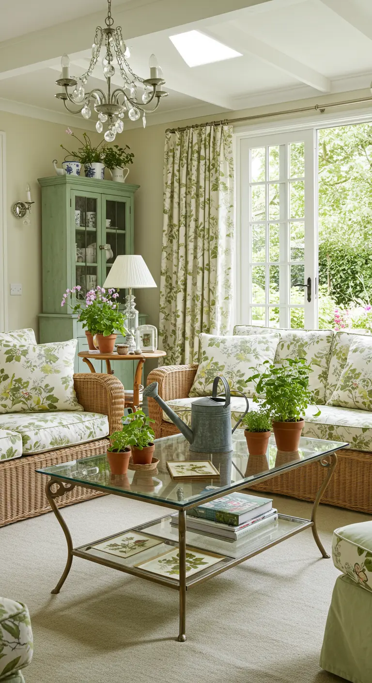 Glazen salontafel met planten, boeken en een gieter in een Engelse tuinkamer stijl.