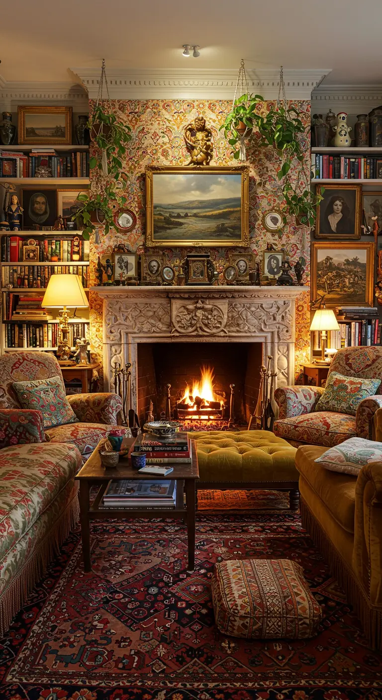 Maximalistische Engelse woonkamer met sierlijke haard, veel boeken en kunst.