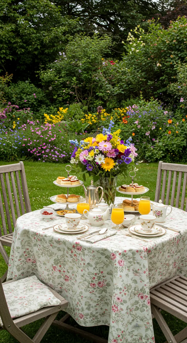 Engelse high tea tafel in de tuin met bloemenservies en etagères.