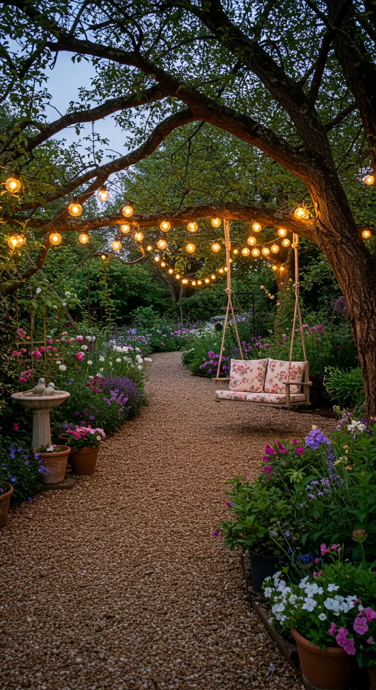 Engelse tuin met schommelbank onder boom met lichtsnoer, bloemenborders en grindpad.
