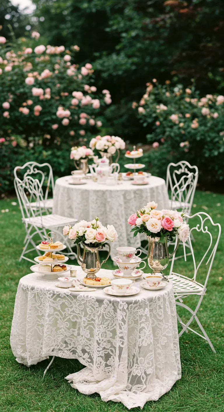 Engelse tea party setting in tuin met kanten tafelkleden, zilveren servies en roze rozen.