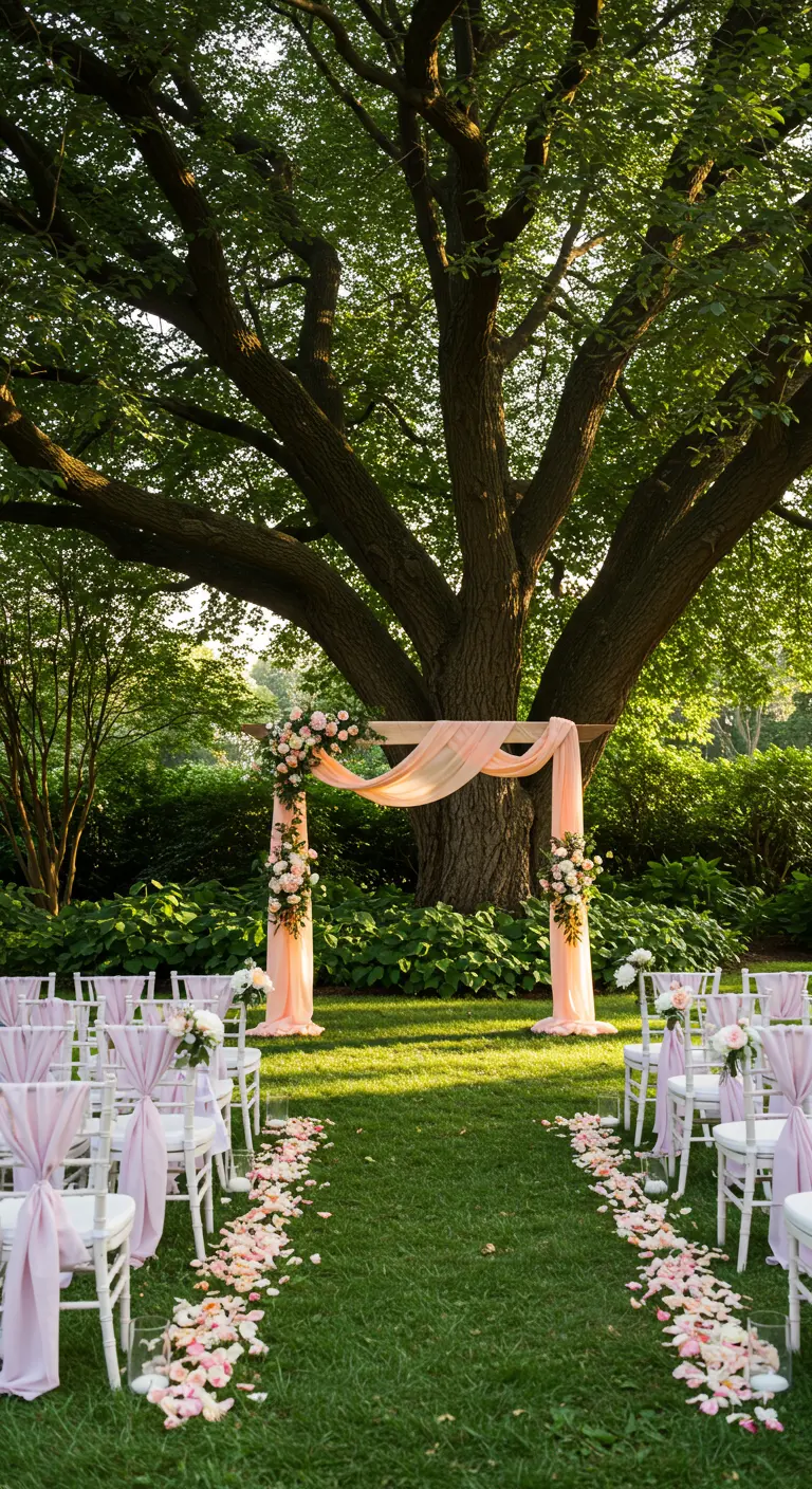 Trouwceremonie buiten met houten boog, perzik draperie en bloemen, witte stoelen.