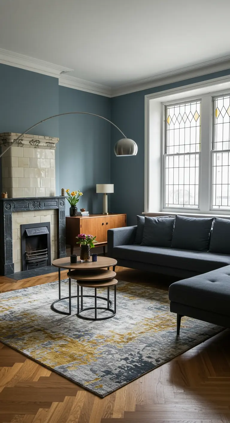 Woonkamer met blauwgrijze muren, originele tegelkachel en moderne grijze sofa.