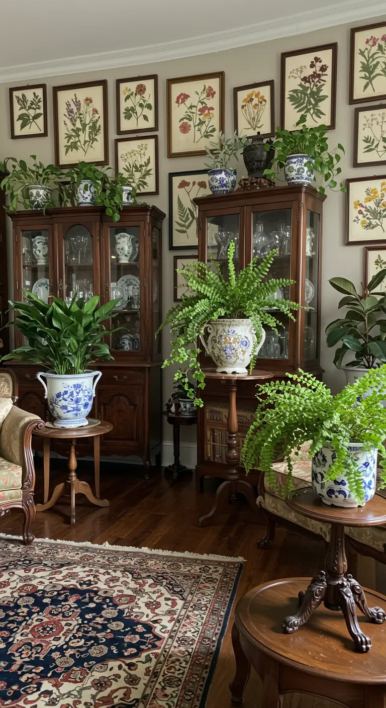 Klassiek interieur met donkerhouten kasten, planten en botanische prenten.