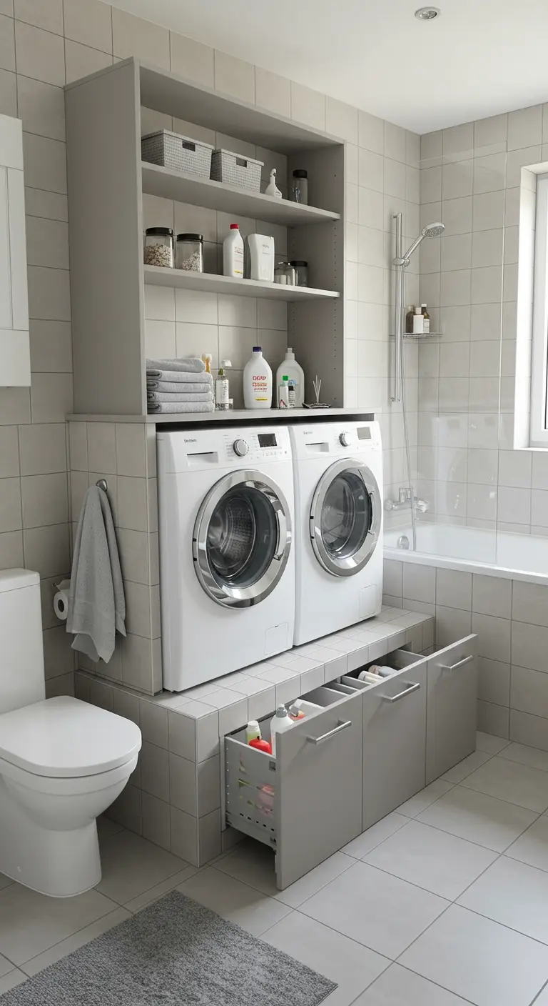 Wasmachine en droger op een verhoging met opberglades eronder in een betegelde badkamer.