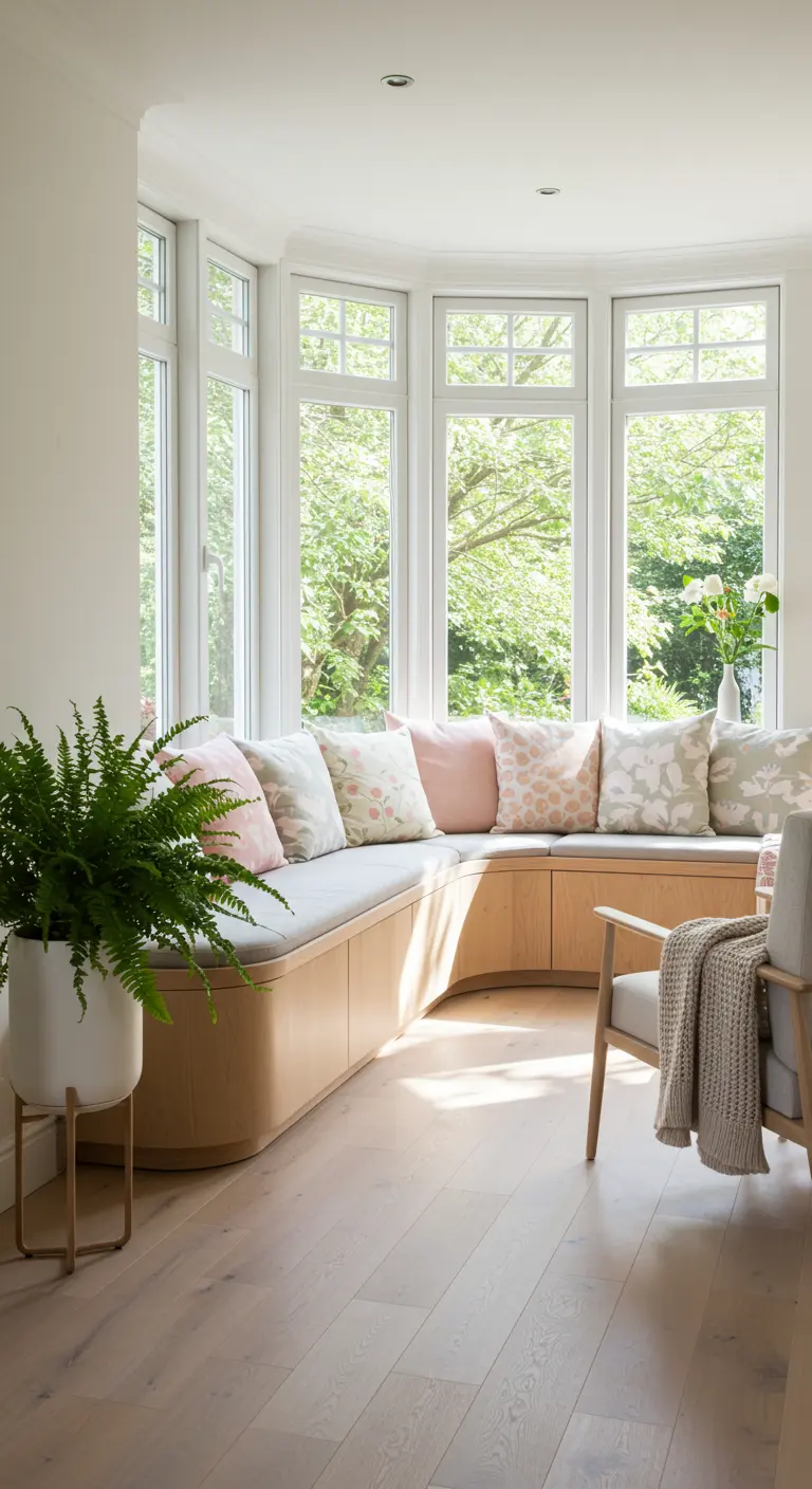 Lichte houten erkerbank met afgeronde hoek en pastelkleurige kussens, lichte kamer, veel ramen.