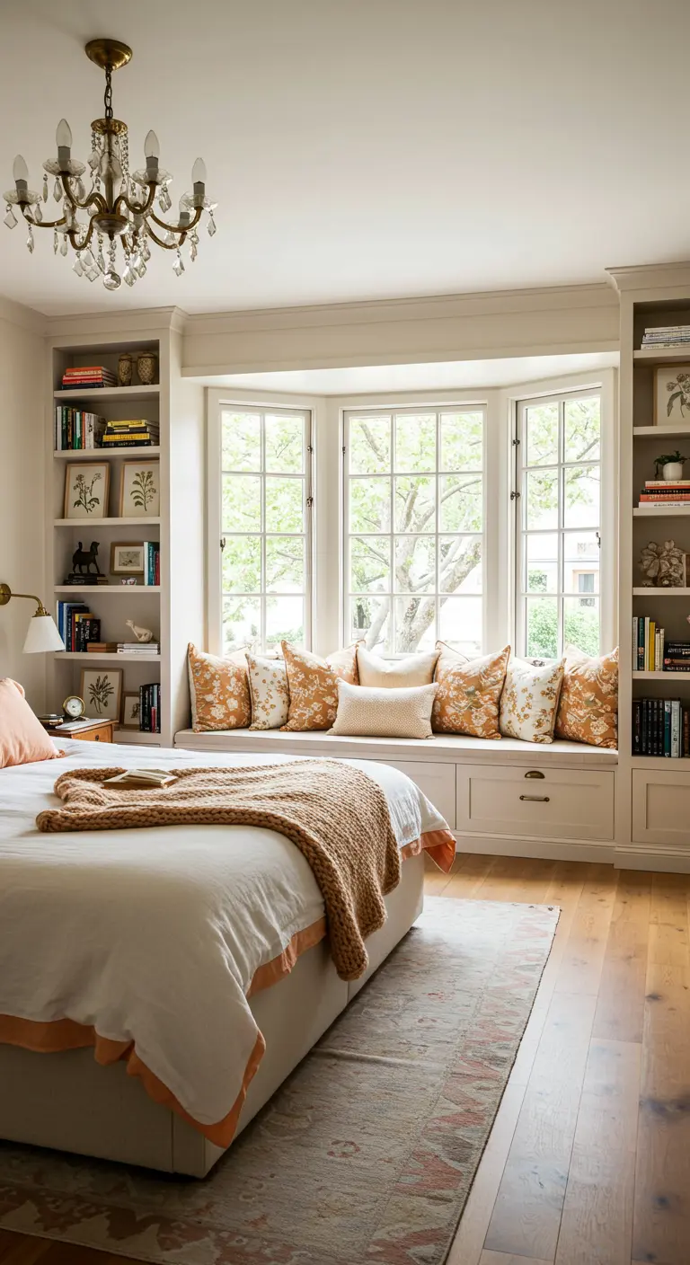 Slaapkamer met een erker omgebouwd tot een knus daybed met boekenplanken.
