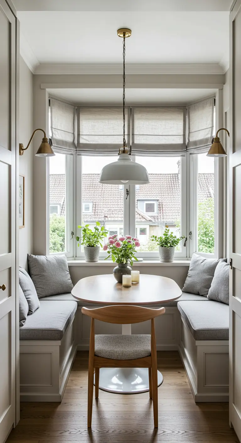 Ingebouwde banken met grijze kussens en ronde witte tafel in een lichte erker.