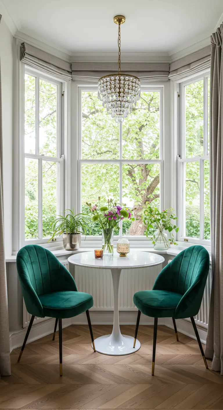 Ronde witte tafel met twee groene velvet stoelen in een lichte erker.