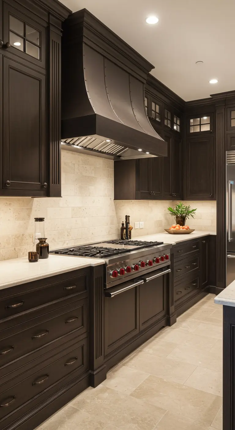 Luxe keuken met donkerbruine kasten en een achterwand van lichte natuursteen.