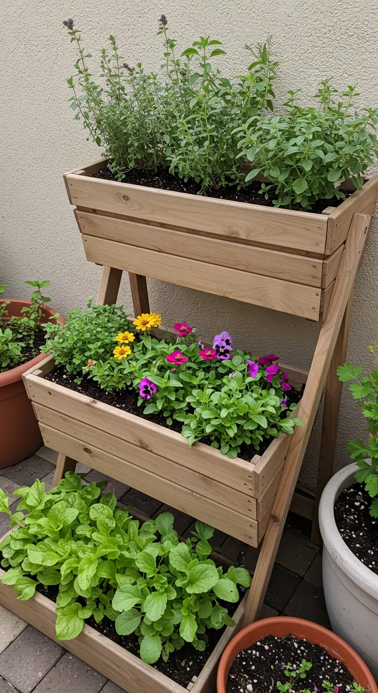 Houten etagère plantenbak met kruiden, kleurrijke bloemen en bladgroenten.