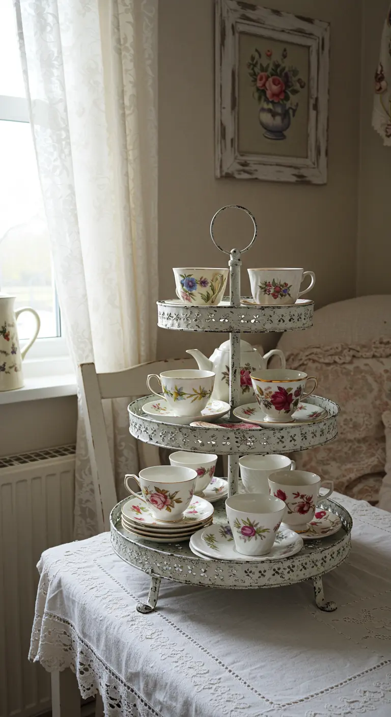 Witte brocante etagère met drie lagen, vol met vintage theekopjes en schotels met bloemenprint.