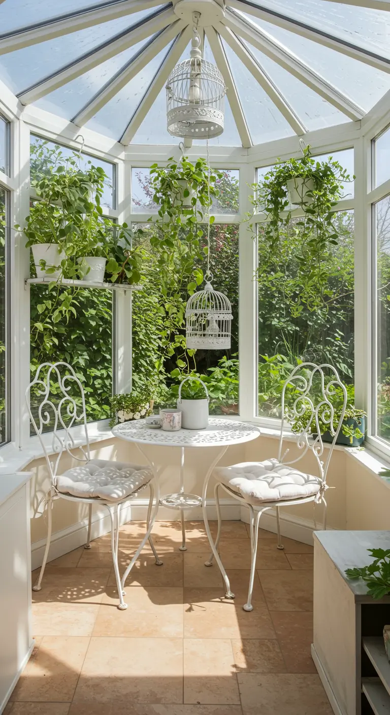 Eethoek in een lichte serre met witte bistroset, veel planten en hangende decoratie.