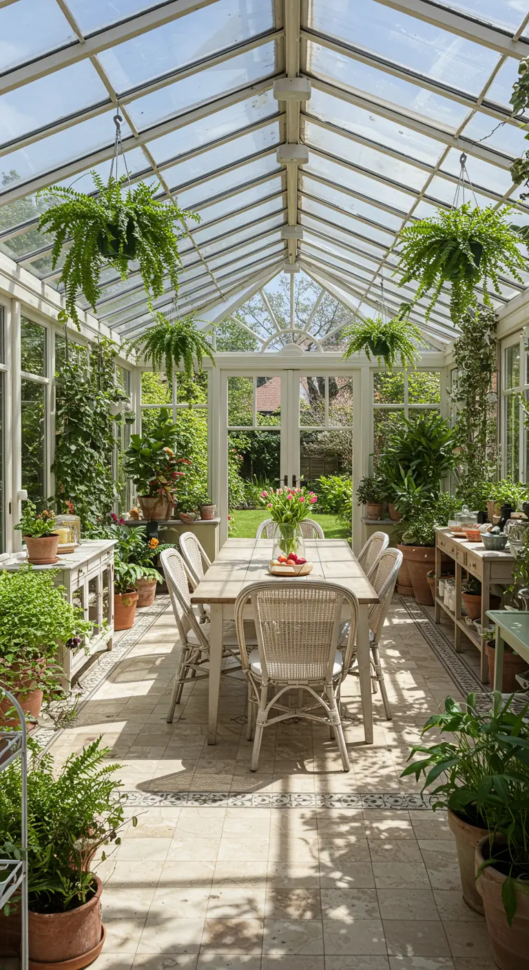 Lichte eethoek in een serre met glazen dak en veel hangende en staande planten.