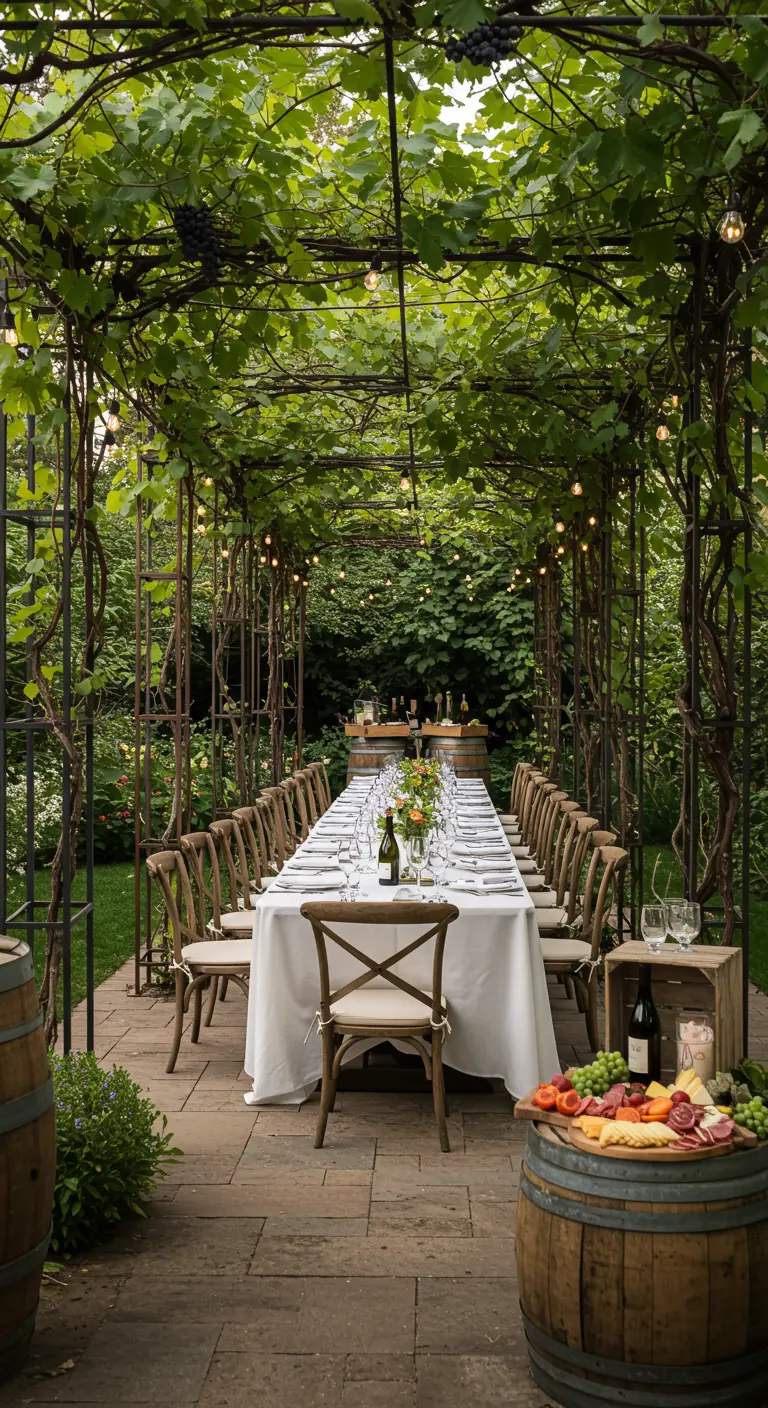 Lange eettafel onder een pergola met wijnranken, houten stoelen en sfeerverlichting.