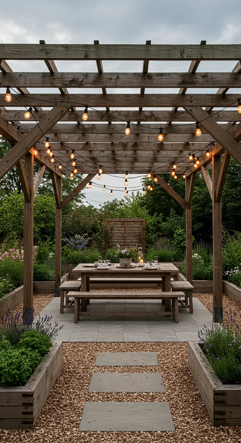 Houten pergola boven een tuintafel met hangende lichtslingers, omringd door planten en grind.