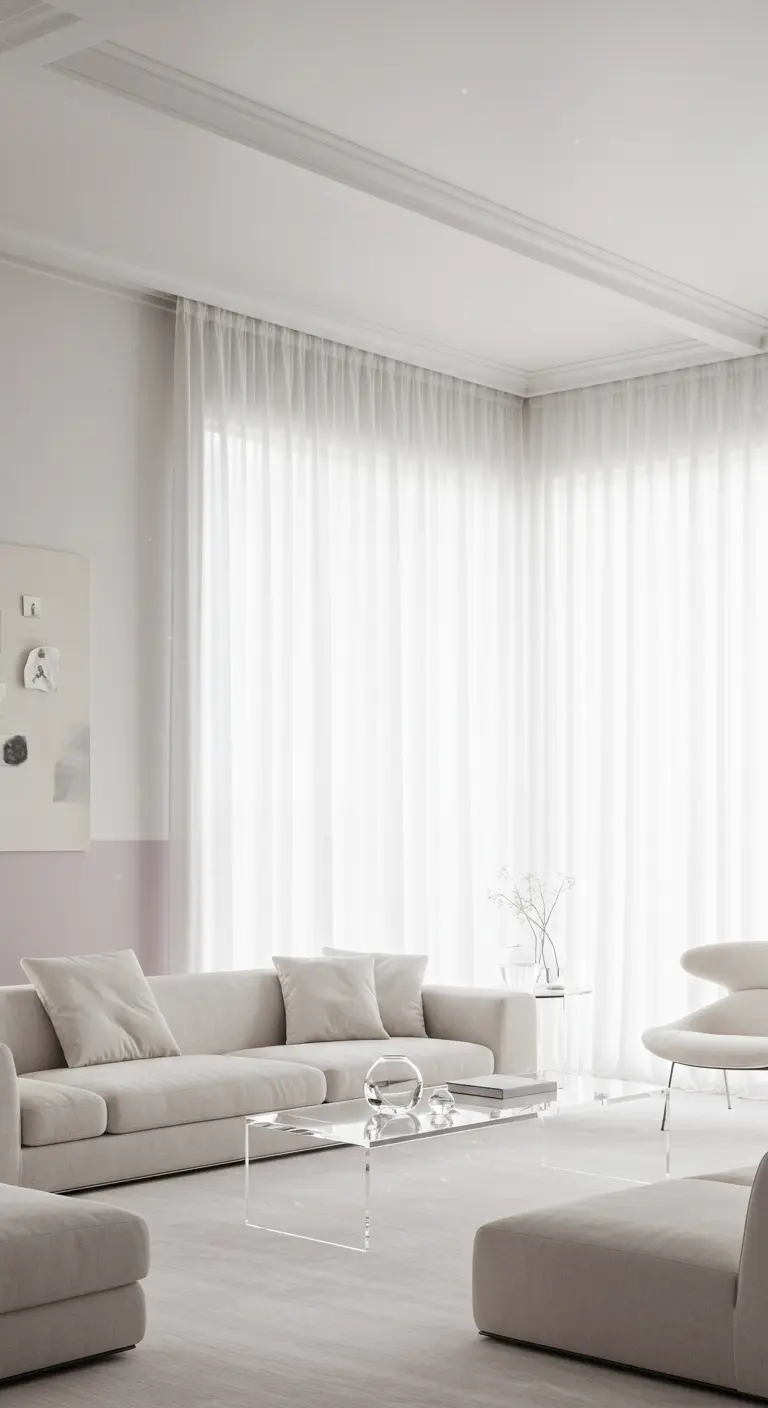 Lichte, minimalistische woonkamer met een lage, subtiele lila verfstrook onderaan de muur.