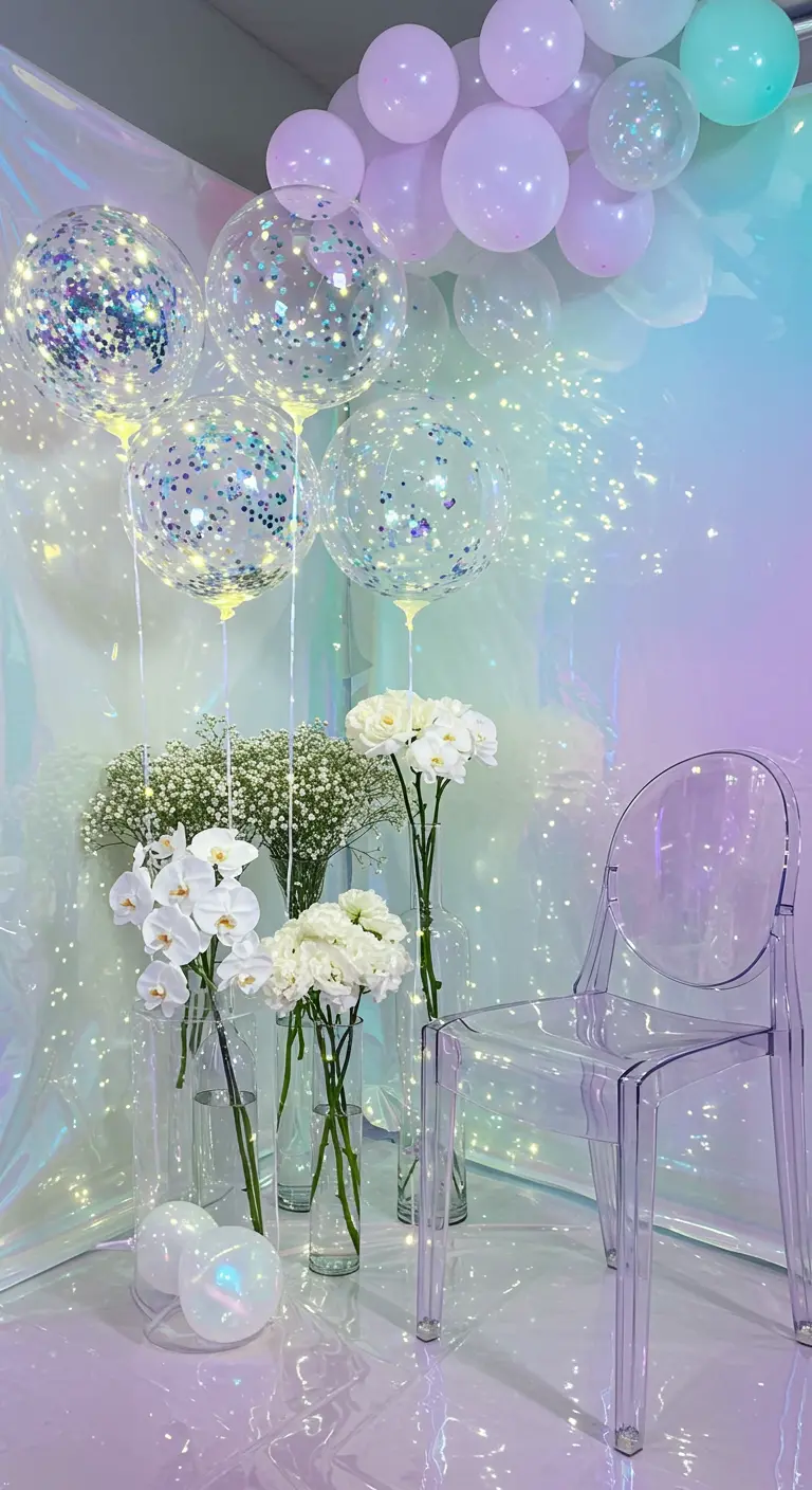 Verjaardagssetting met iriserende achtergrond, confetti ballonnen, witte bloemen en transparante stoel.