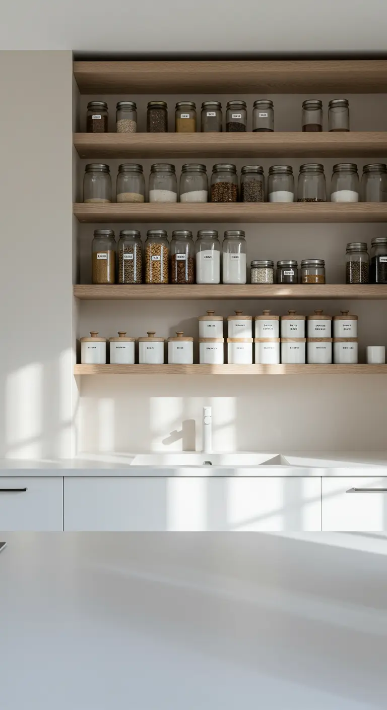 Witte keuken met houten open planken vol gelabelde glazen en keramieken voorraadpotten.