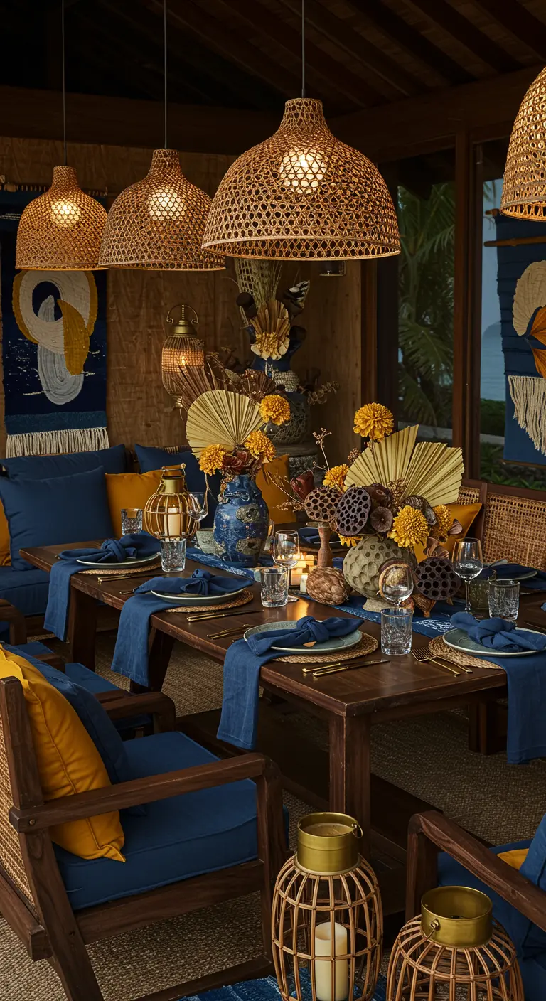 Eettafel gedecoreerd in blauw en okergeel, met rotan lampen, gedroogde bloemen en etnische details.