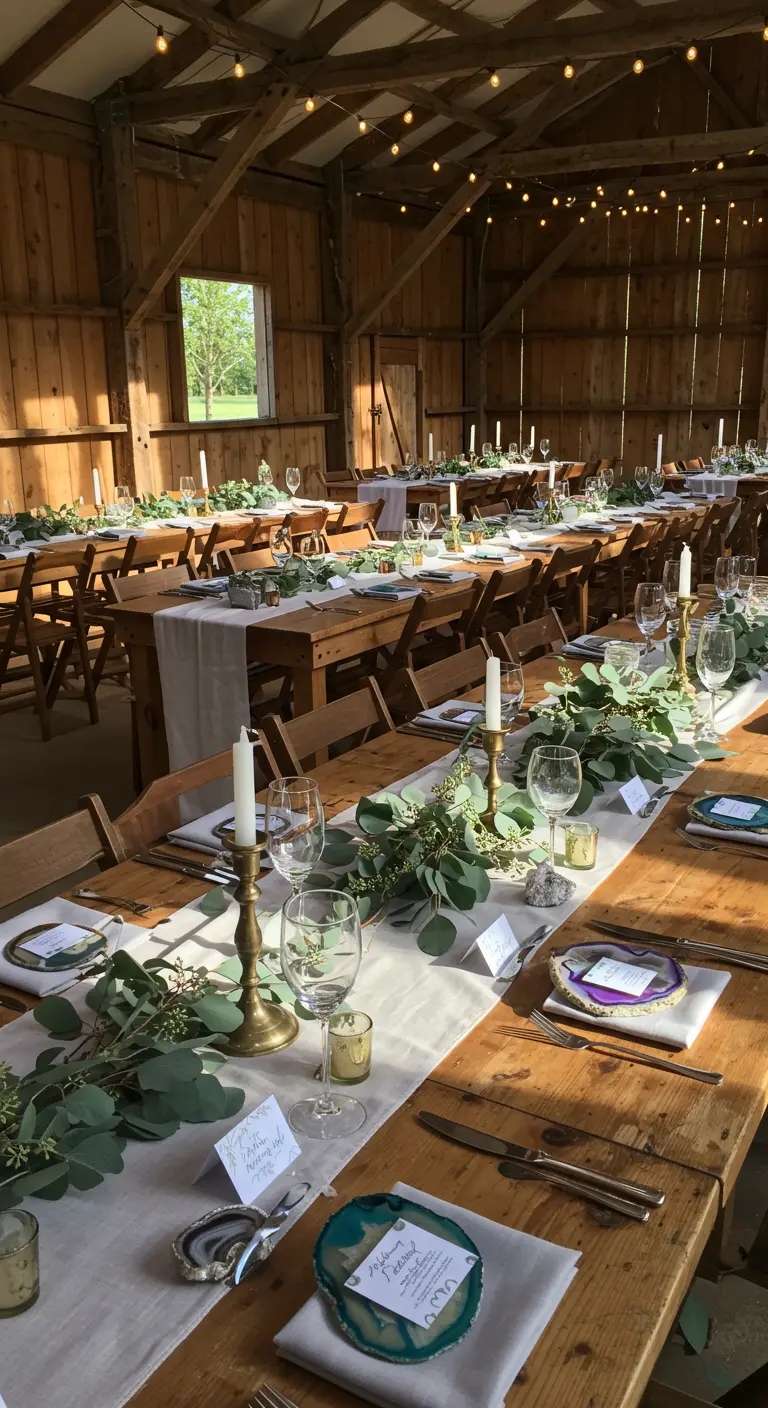 Lange houten tafels in schuur gedekt met eucalyptus, witte lopers en messing kandelaren.