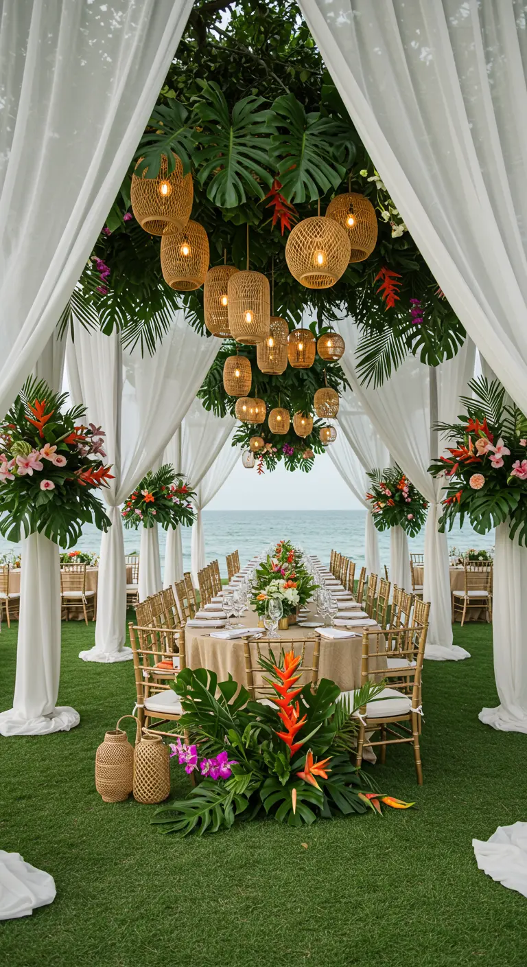 Lange eettafel onder witte doeken en rotan lampen, met tropische bloemen en gouden stoelen.