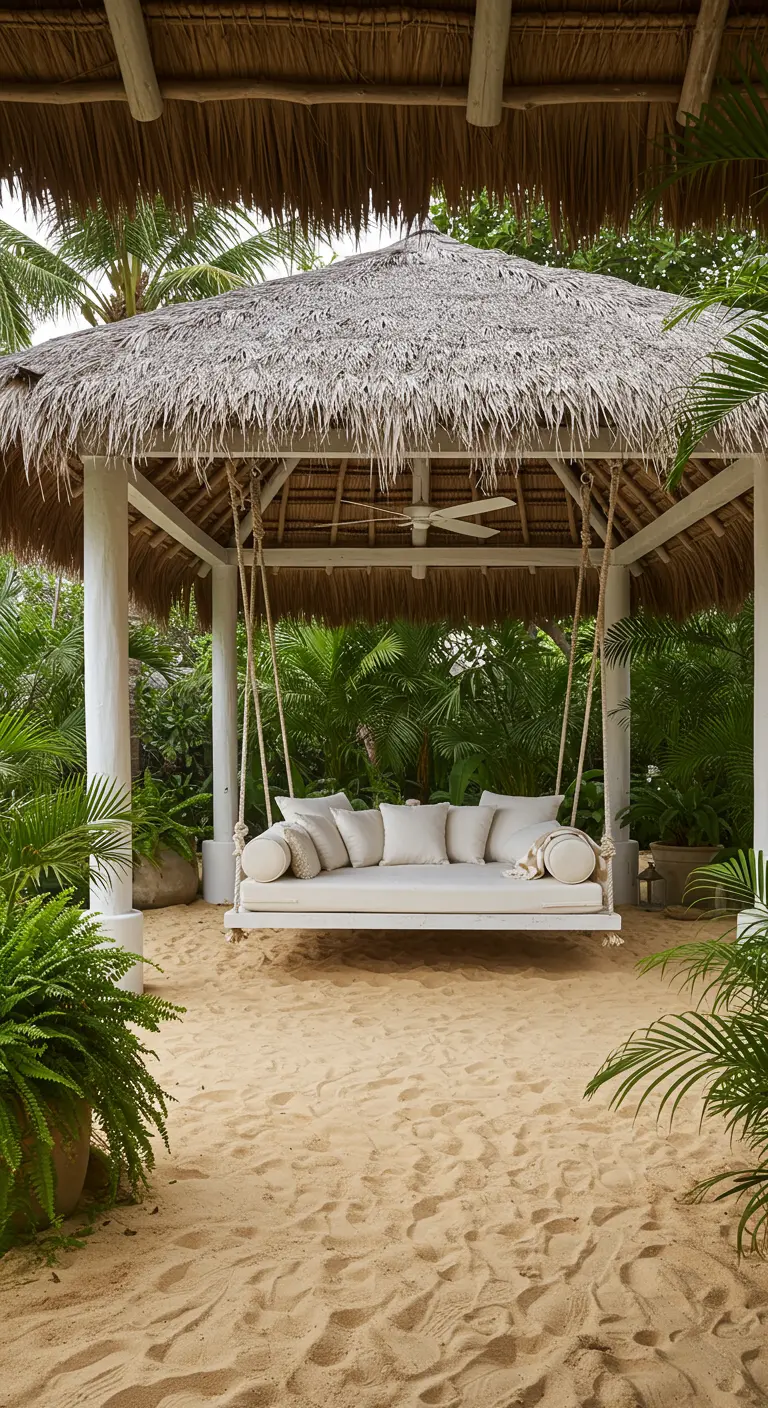 Wit daybed schommel met kussens onder een rieten afdak, omgeven door planten op zand.