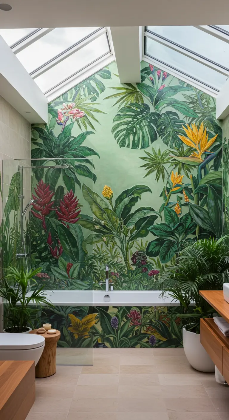 Levendige badkamer met een weelderige, muurvullende tropische muurschildering en een dakraam.