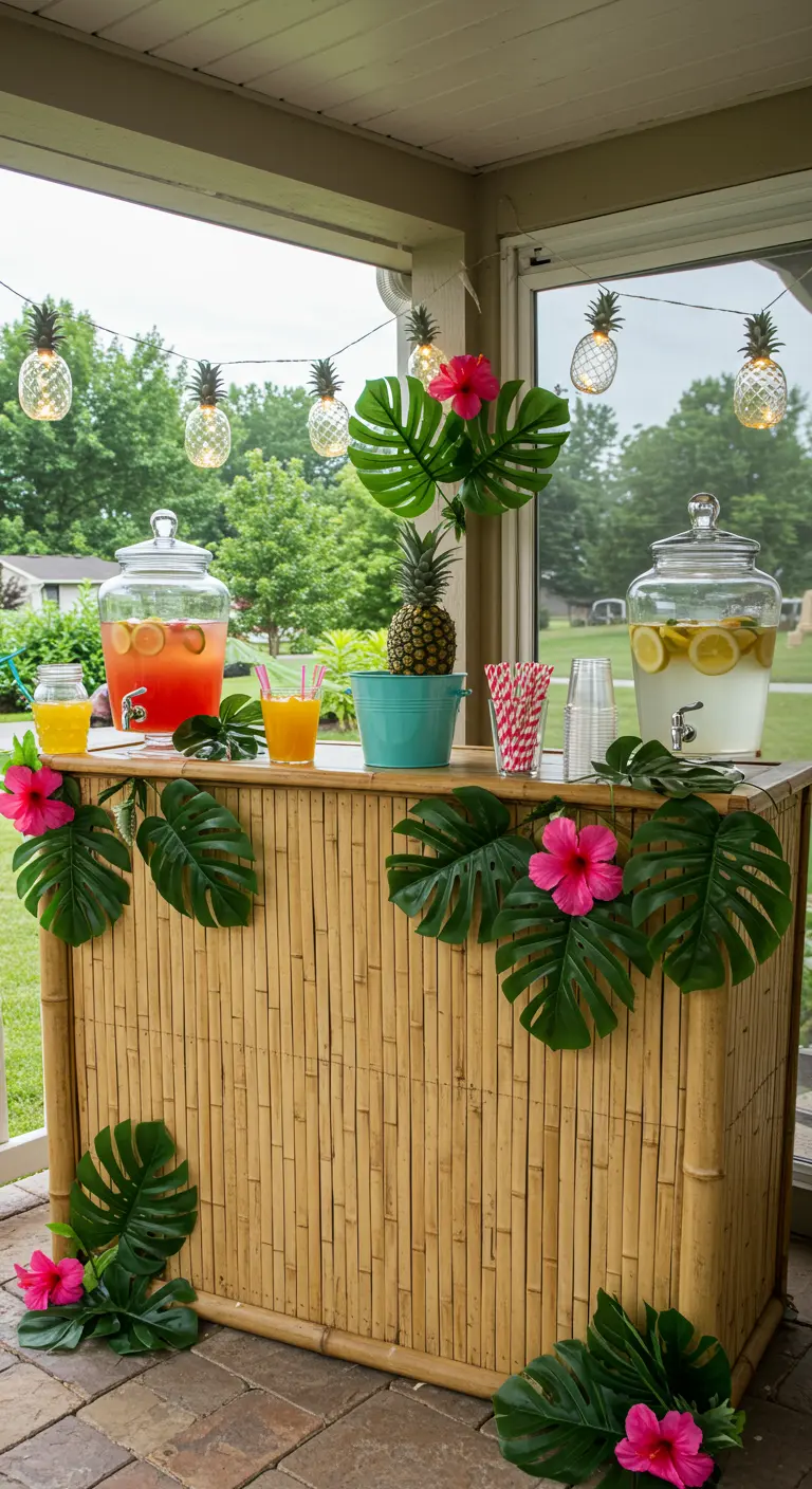 Tropische tiki bar met bamboe, palmbladeren, ananaslichtjes en dispensers met sap.