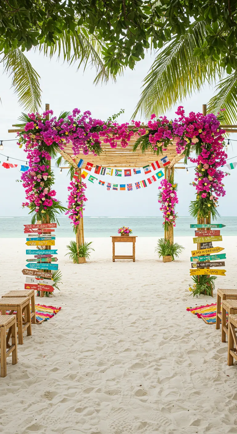 Strandceremonie met bamboe boog, roze bloemen, internationale vlaggetjes en wegwijzers.