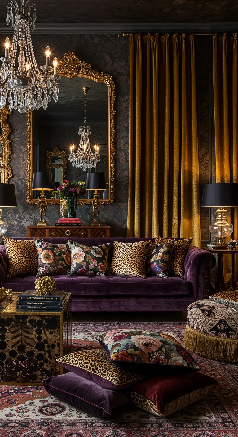 Paarse fluwelen bank met luipaardprint en bloemenkussens in een weelderige woonkamer.