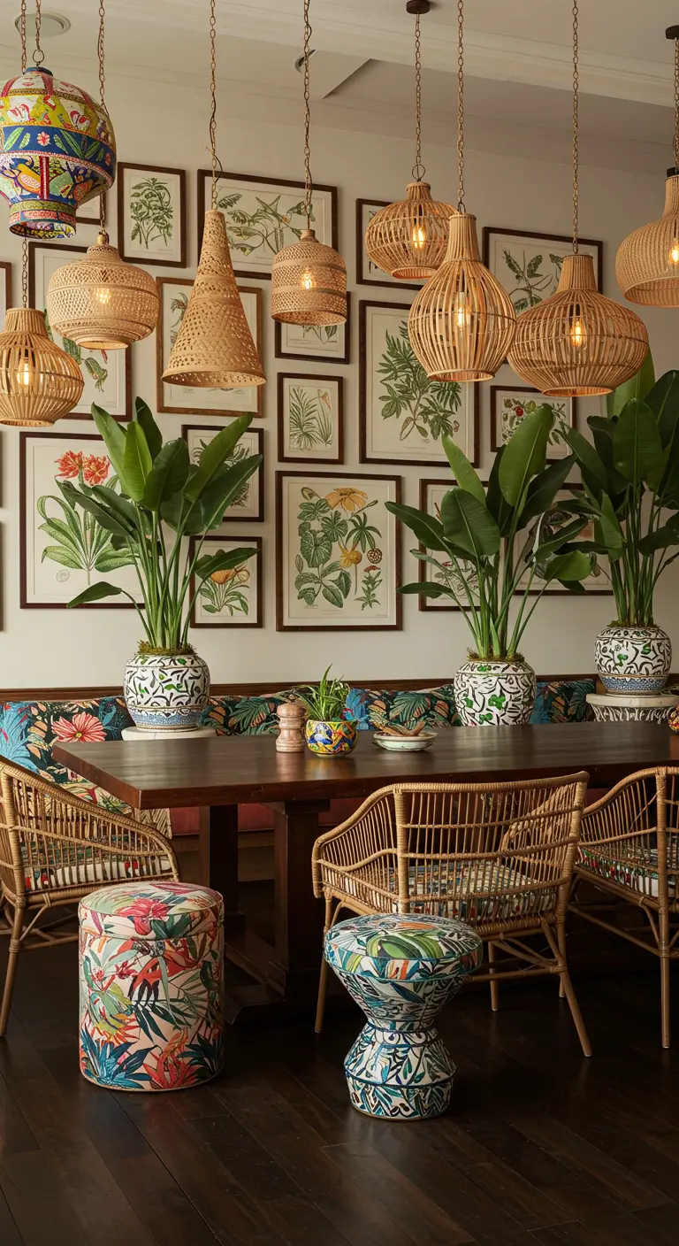 Eetkamer met veel botanische prints, rotan hanglampen, houten tafel, bank met bloemenprint, rotan stoelen en poefjes.