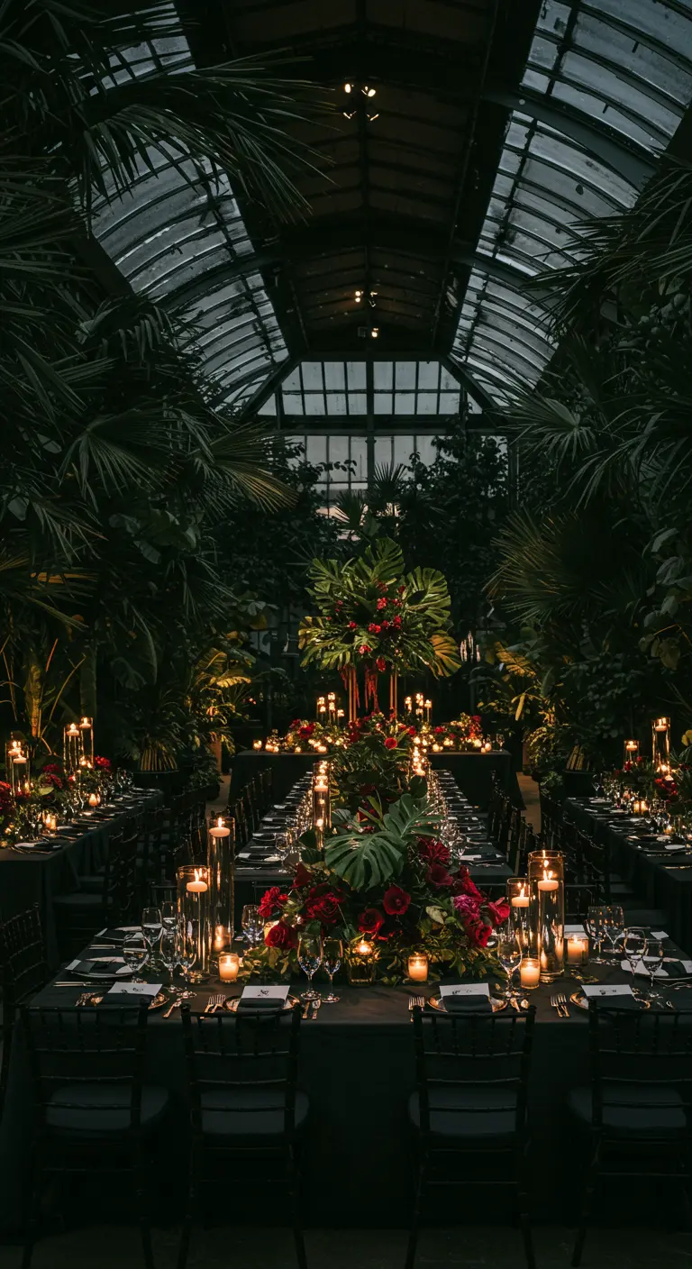 Donkere, sfeervolle bruiloftsreceptie in een kas met tropische planten en veel kaarslicht.