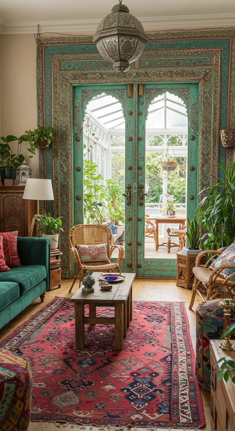 Rijkversierde turquoise dubbele deuren in bohemian stijl, omlijst met kleurrijk textiel.