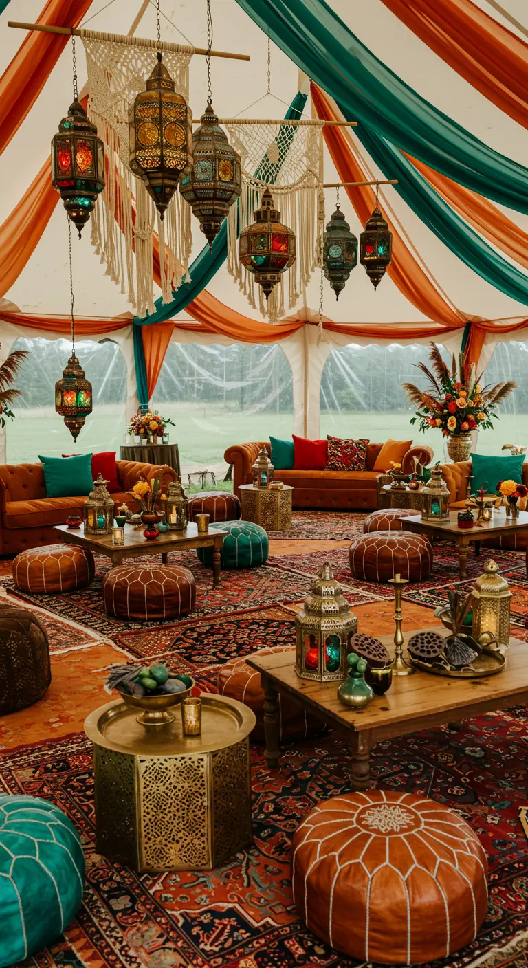 Marokkaanse stijl bruiloft lounge met kleurrijke doeken, lantaarns, tapijten en poefs.