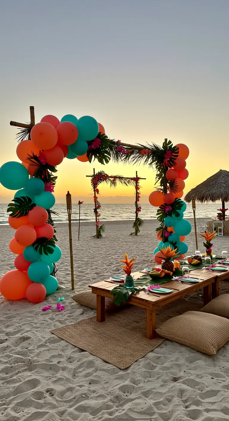 Tropische strandsetting met kleurrijke ballonnenboog, palmbladeren en exotische bloemen.
