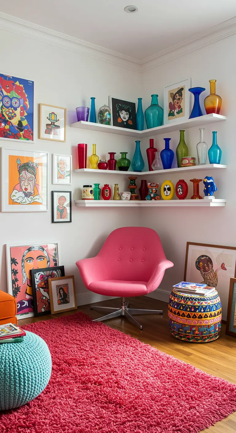 Kleurrijke woonkamerhoek met roze fauteuil, knalroze tapijt, bonte kunst en kleurrijk glaswerk.