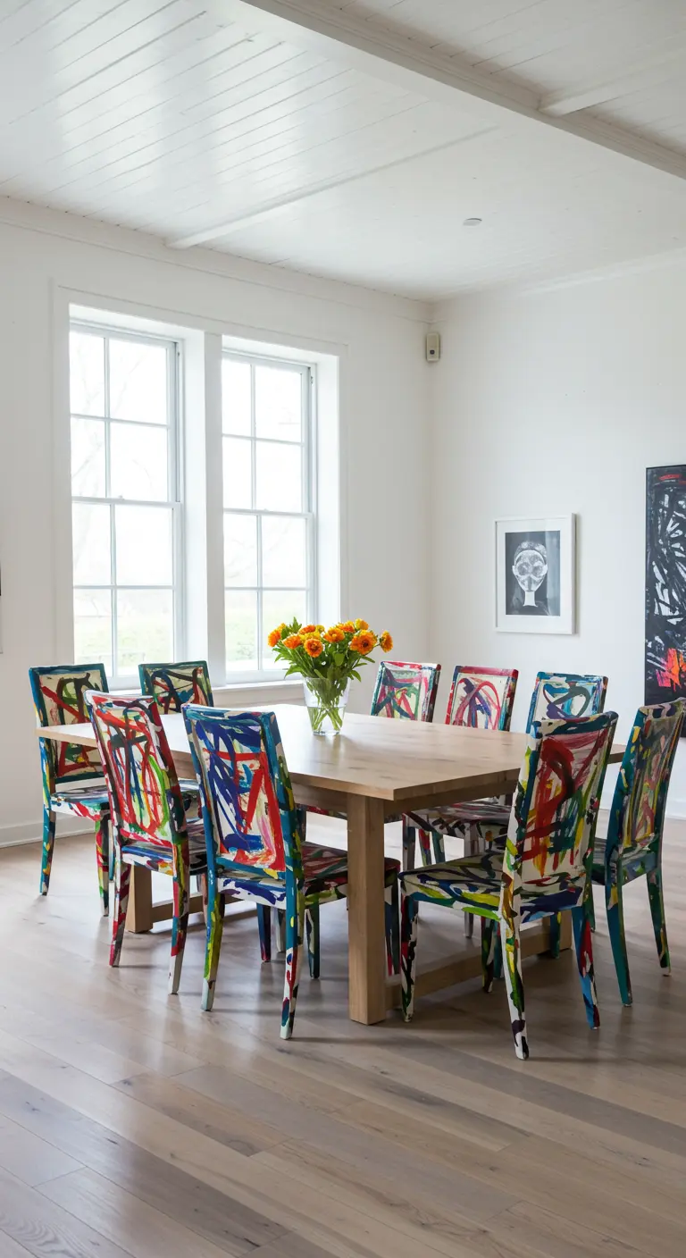 Lichte eetkamer met abstract beschilderde stoelen en een grote houten tafel.