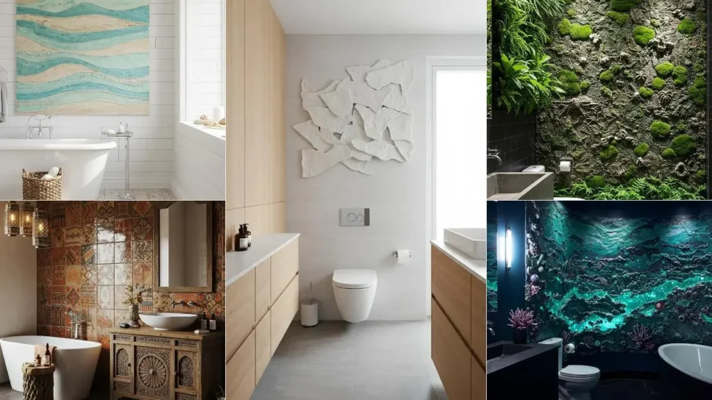 Diverse voorbeelden van expressieve wandkunst en keramiek in stijlvolle badkamers