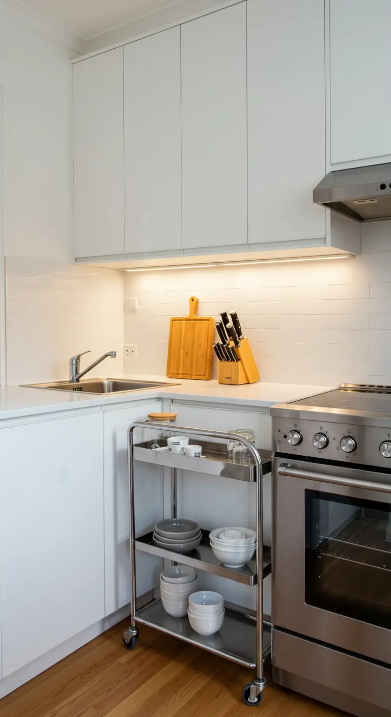 Smalle RVS keukentrolley met schalen en kopjes in een moderne witte keuken.