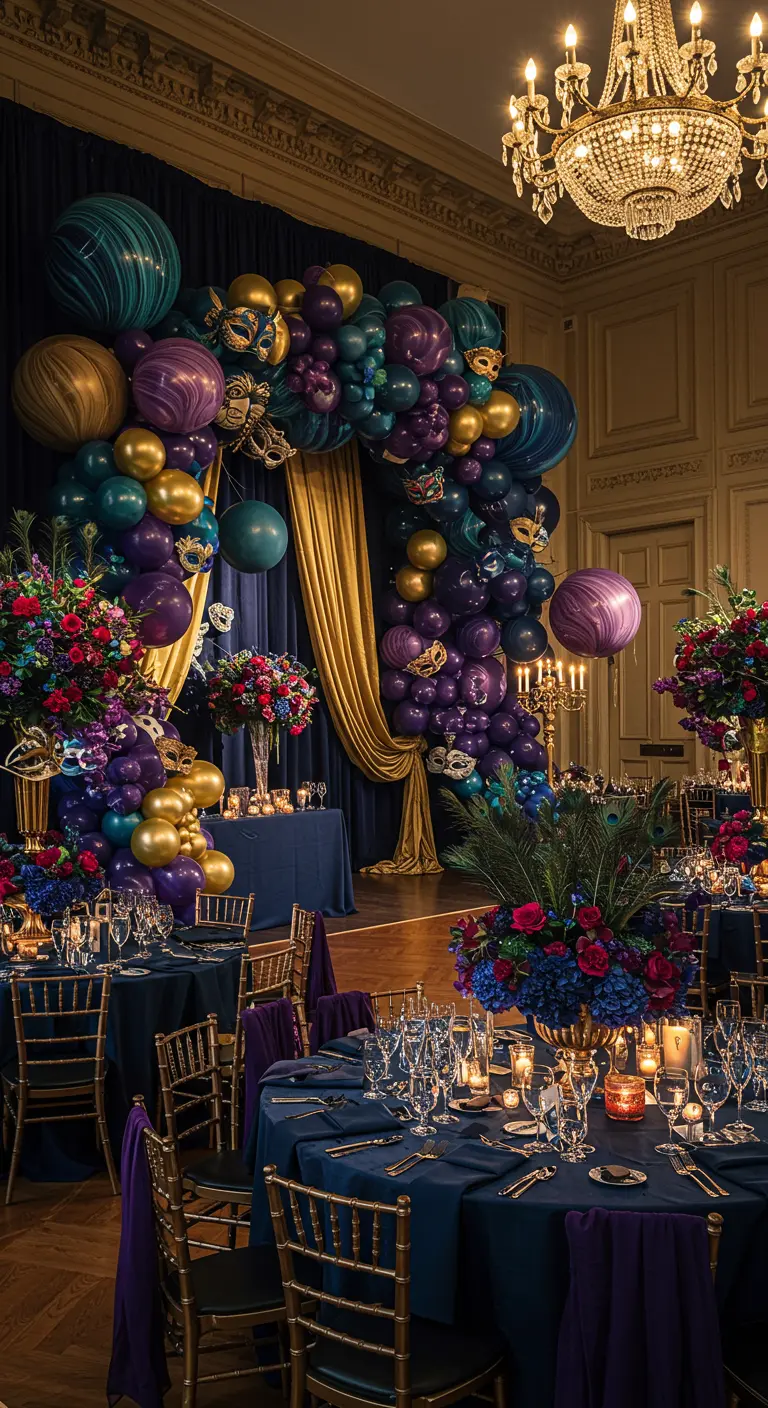Maskerbal decoratie met paarse, groene en gouden ballonnen, maskers en rijke bloemstukken.