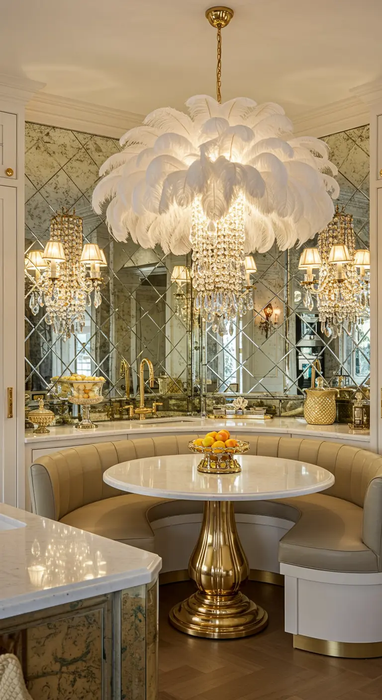 Extravagante eethoek met een grote witte veren kroonluchter en veel kristal.