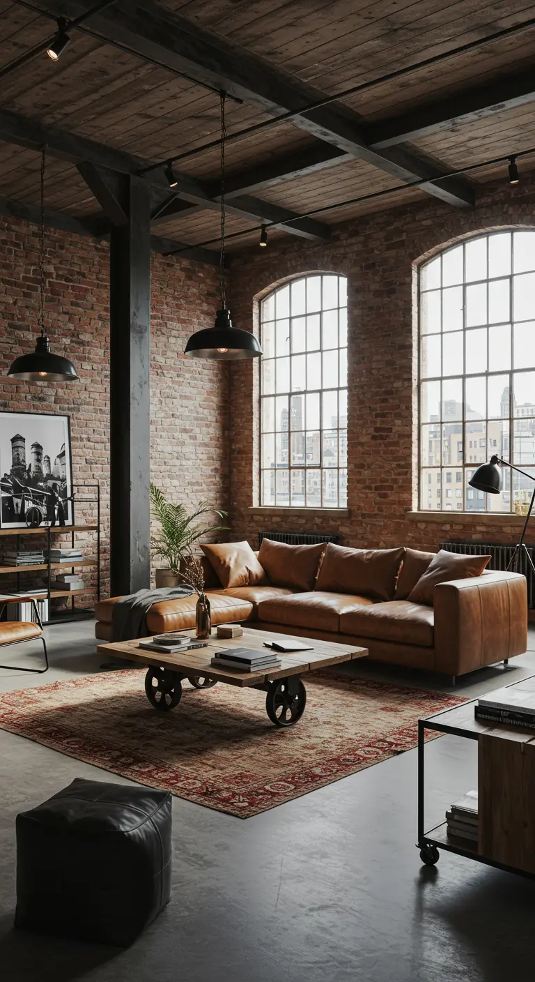 Industriële woonkamer met bakstenen muren, leren bank en metalen accenten.