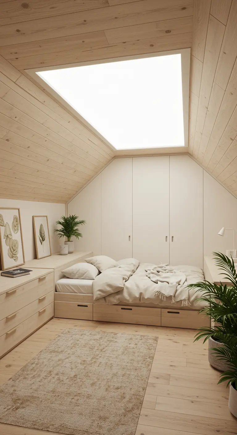 Lichte zolderslaapkamer met een verlicht paneel als dakraam-illusie.
