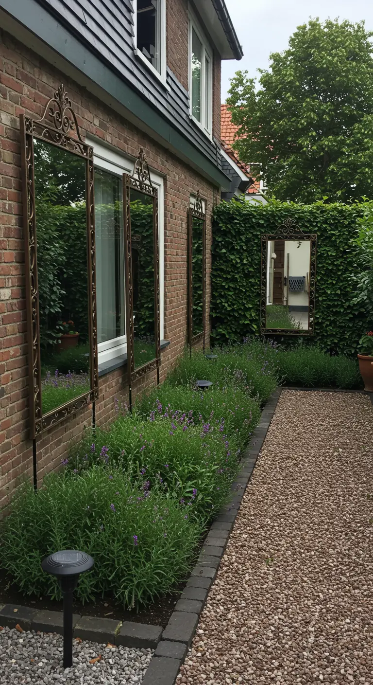 Drie identieke staande spiegels met siersmeedwerk tegen een bakstenen muur naast een border.