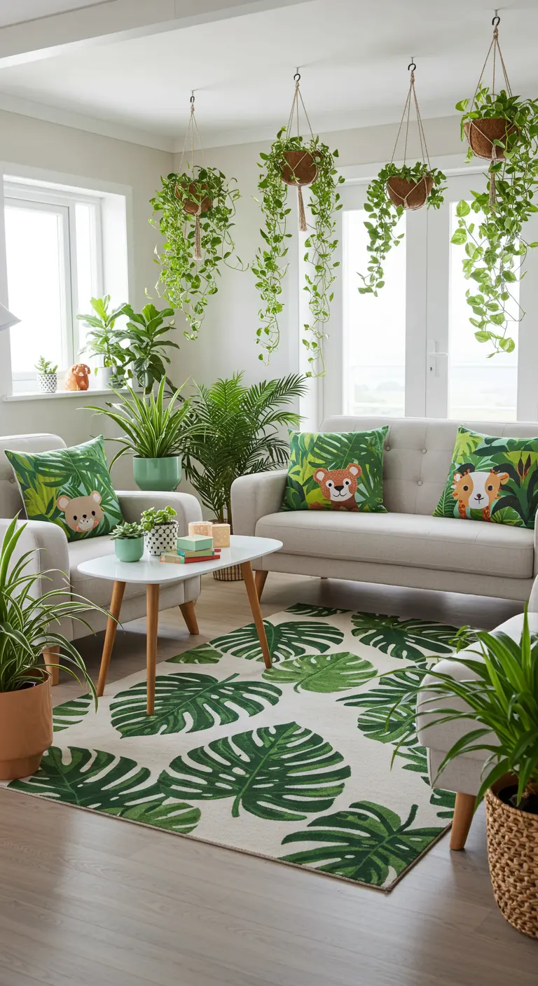 Lichte woonkamer met jungleprint tapijt, planten en kussens met dierengezichten.
