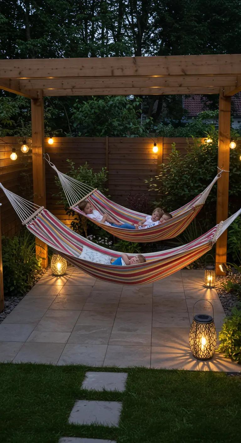 Drie kinderen in gestreepte hangmatten onder een houten pergola met lantaarns en lichtsnoer.